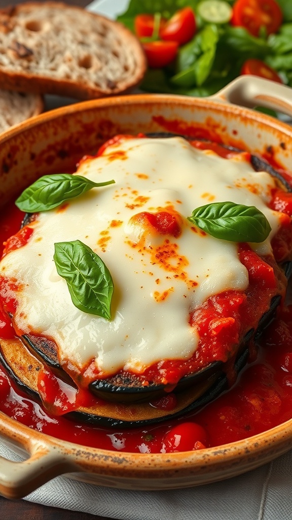 Eggplant Parmesan Recipe A plate of Eggplant Parmesan with layers of eggplant, marinara sauce, and melted cheese, garnished with basil.